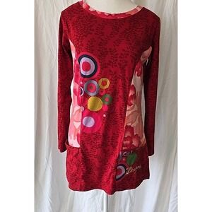 Desigual‎ Dress Or Shirt Women's Long Sleeve U-Neck W/front Pockets Red Floral